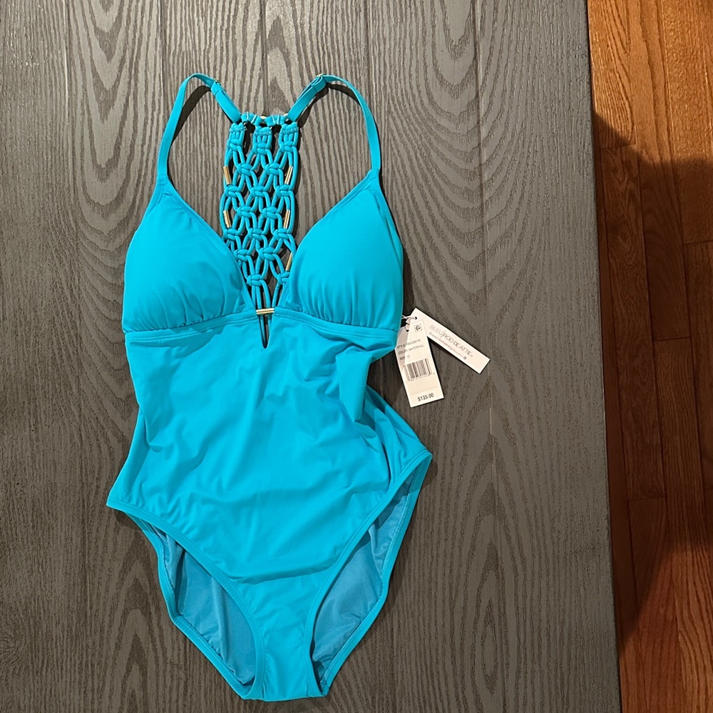 Bleu Rod Beattie Turquoise Macramé One-Piece Swimsuit